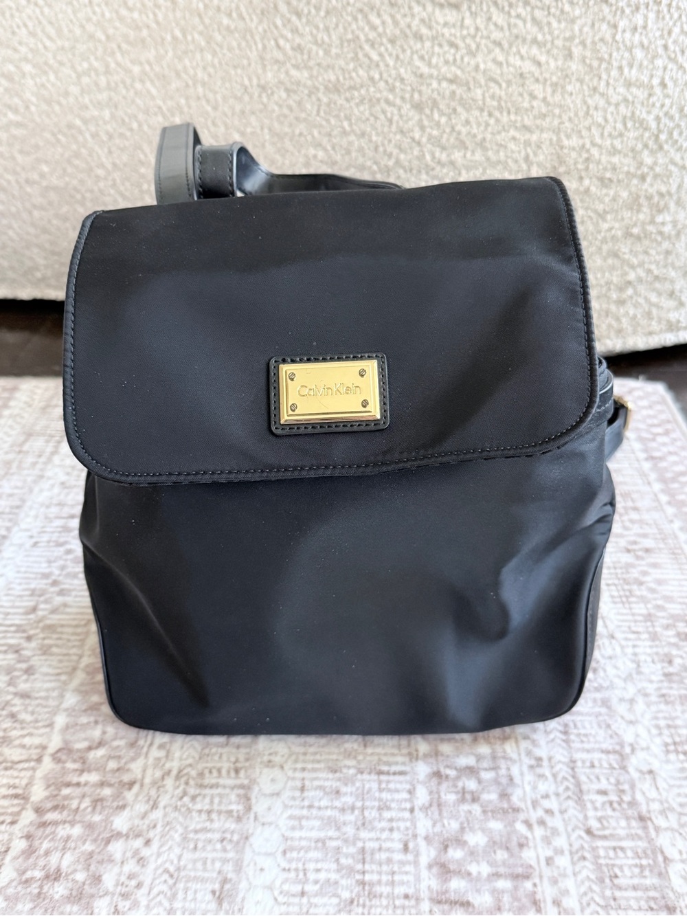 Calvin Klein Black Nylon Messenger Bag with Gold Plaque